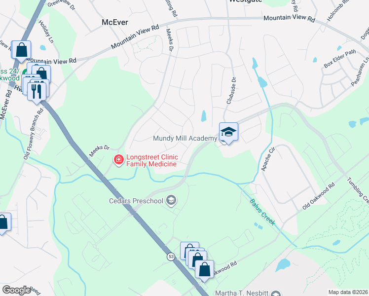 map of restaurants, bars, coffee shops, grocery stores, and more near 4723 Lost Creek Drive in Gainesville