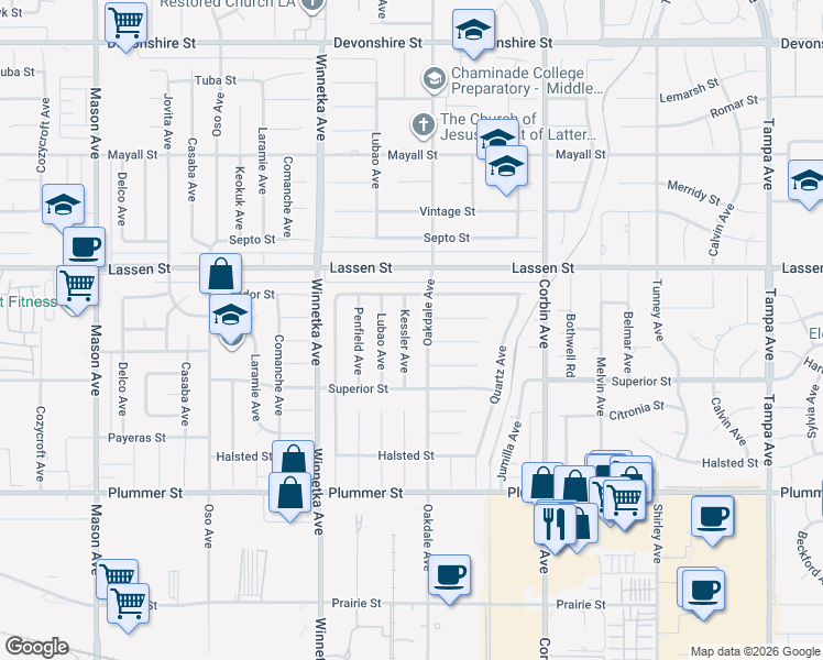 map of restaurants, bars, coffee shops, grocery stores, and more near 9800 Kessler Avenue in Los Angeles