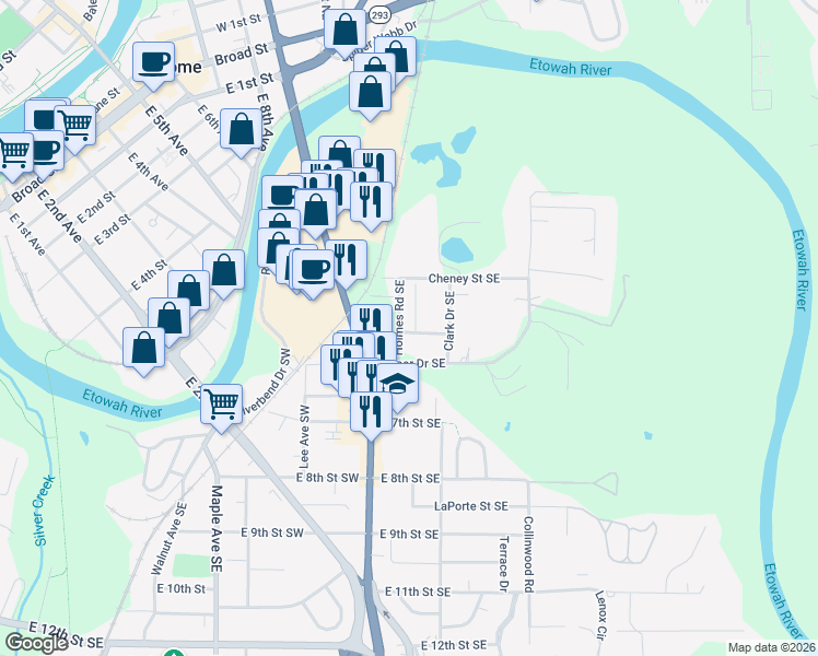map of restaurants, bars, coffee shops, grocery stores, and more near 314 Roswell Avenue Southeast in Rome