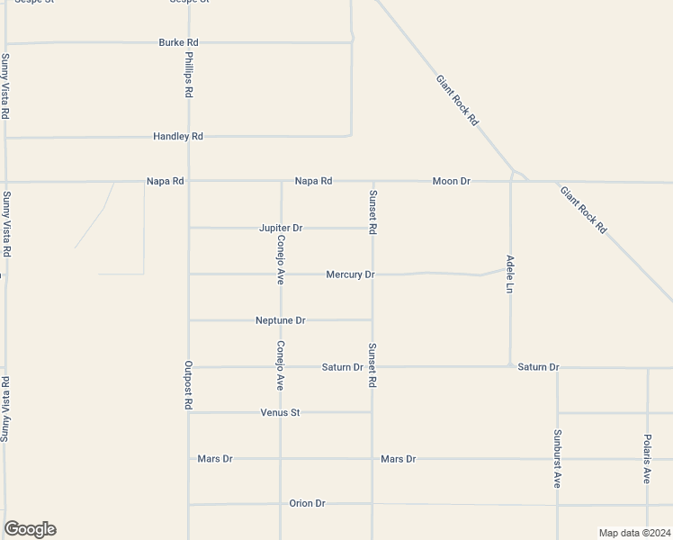 map of restaurants, bars, coffee shops, grocery stores, and more near 61624 Mercury Drive in Joshua Tree