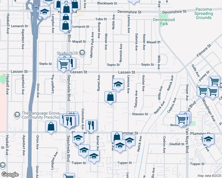 map of restaurants, bars, coffee shops, grocery stores, and more near 9755 Noble Avenue in Los Angeles