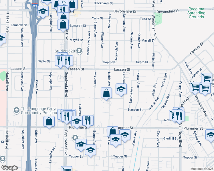 map of restaurants, bars, coffee shops, grocery stores, and more near 9755 Noble Avenue in Los Angeles