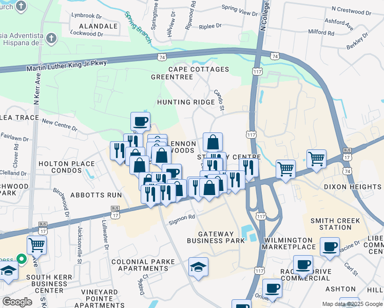 map of restaurants, bars, coffee shops, grocery stores, and more near 5208 Ringo Drive in Wilmington