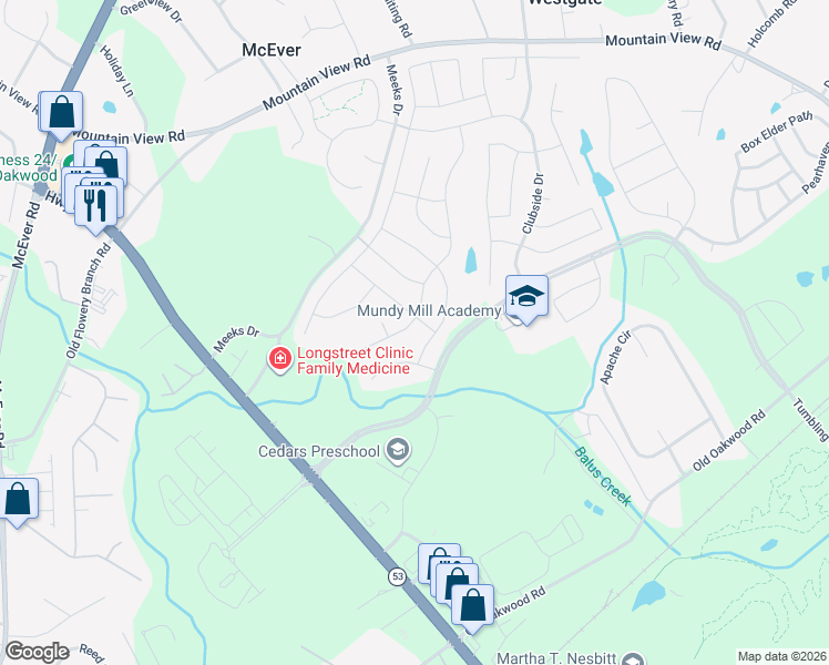 map of restaurants, bars, coffee shops, grocery stores, and more near 4707 Sweet Water Drive in Gainesville