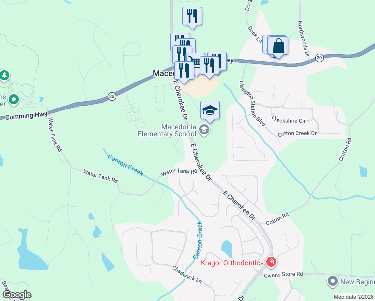 map of restaurants, bars, coffee shops, grocery stores, and more near 10345 E Cherokee Dr in Canton