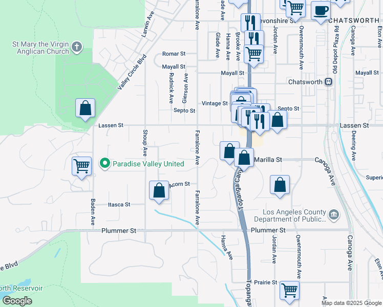 map of restaurants, bars, coffee shops, grocery stores, and more near 9755 Farralone Avenue in Los Angeles
