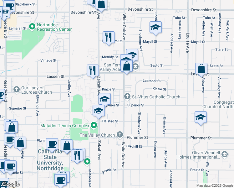 map of restaurants, bars, coffee shops, grocery stores, and more near 17806 Kinzie Street in Los Angeles