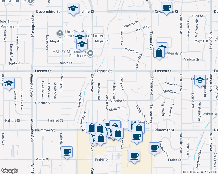 map of restaurants, bars, coffee shops, grocery stores, and more near 9756 Melvin Avenue in Los Angeles