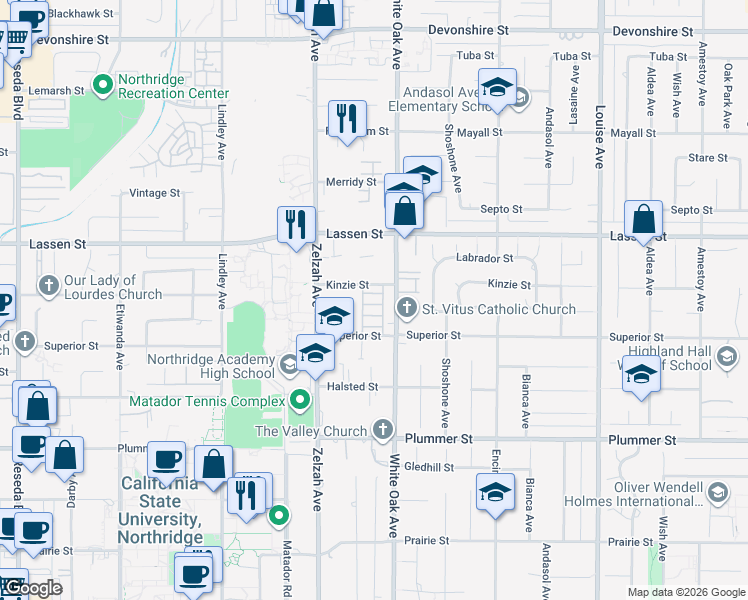 map of restaurants, bars, coffee shops, grocery stores, and more near 17726 Kinzie Street in Los Angeles