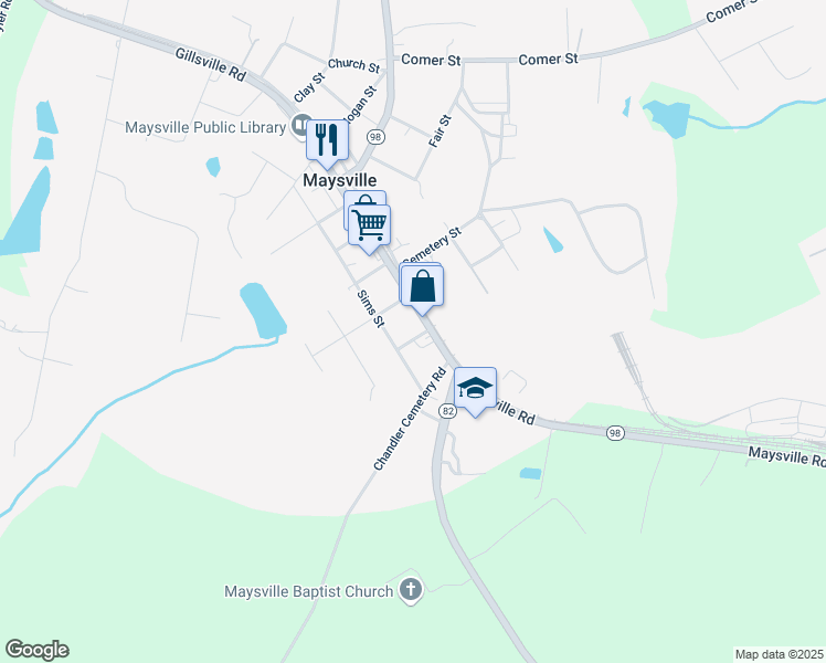map of restaurants, bars, coffee shops, grocery stores, and more near 8771 Maysville Road in Maysville