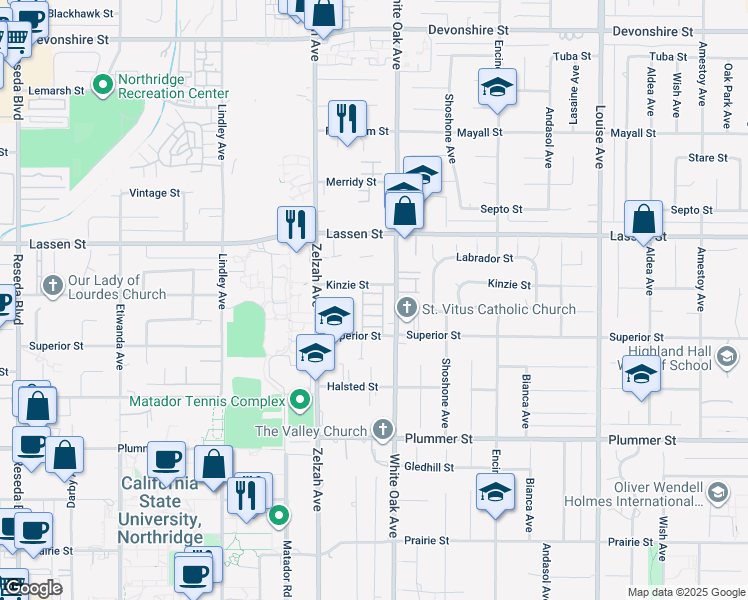 map of restaurants, bars, coffee shops, grocery stores, and more near 17726 Kinzie Street in Los Angeles