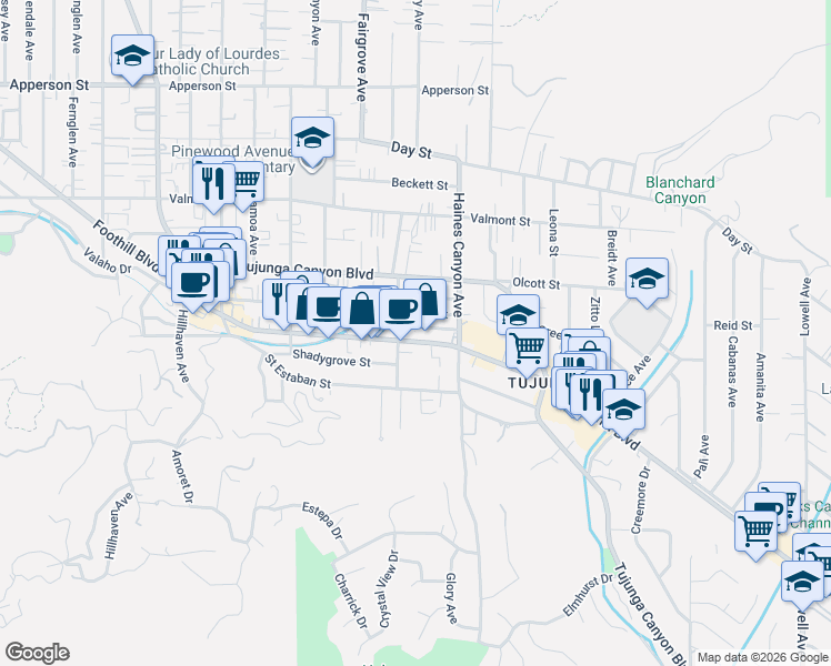 map of restaurants, bars, coffee shops, grocery stores, and more near 6847 Foothill Boulevard in Los Angeles
