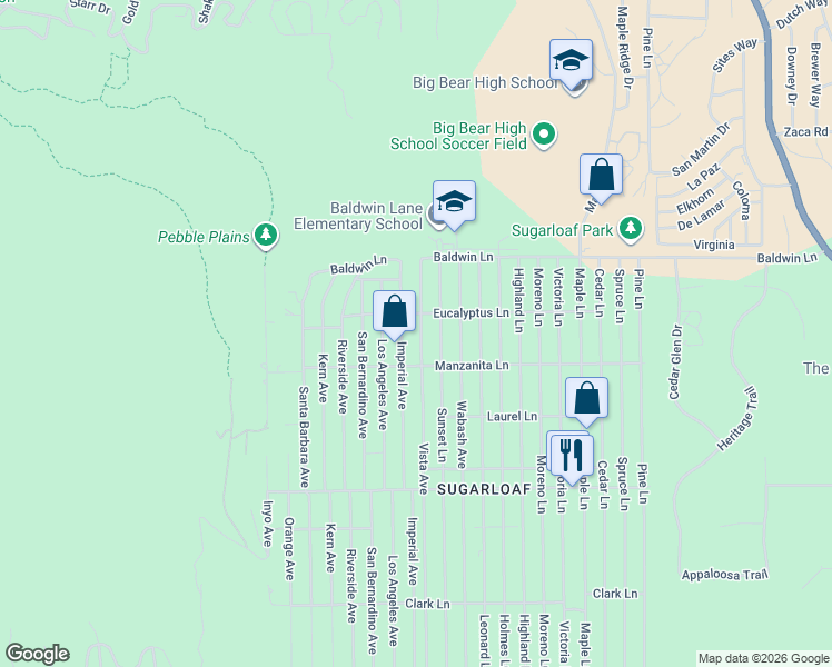 map of restaurants, bars, coffee shops, grocery stores, and more near 230 Vista Avenue in Big Bear