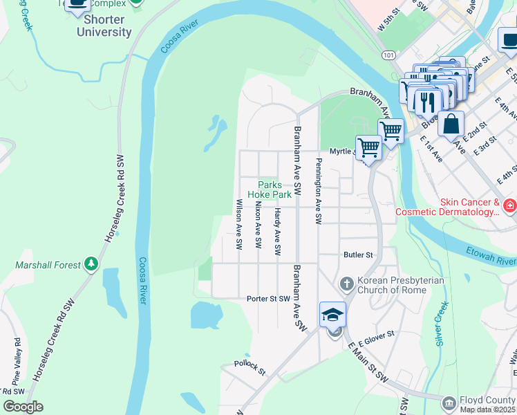 map of restaurants, bars, coffee shops, grocery stores, and more near 301 Nixon Avenue Southwest in Rome