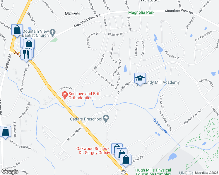 map of restaurants, bars, coffee shops, grocery stores, and more near 4707 Sweet Water Drive in Gainesville