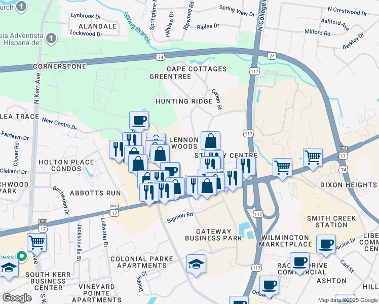map of restaurants, bars, coffee shops, grocery stores, and more near 5208 Ringo Drive in Wilmington