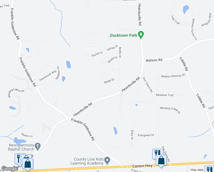 map of restaurants, bars, coffee shops, grocery stores, and more near 5460 Bridle Drive in Cumming