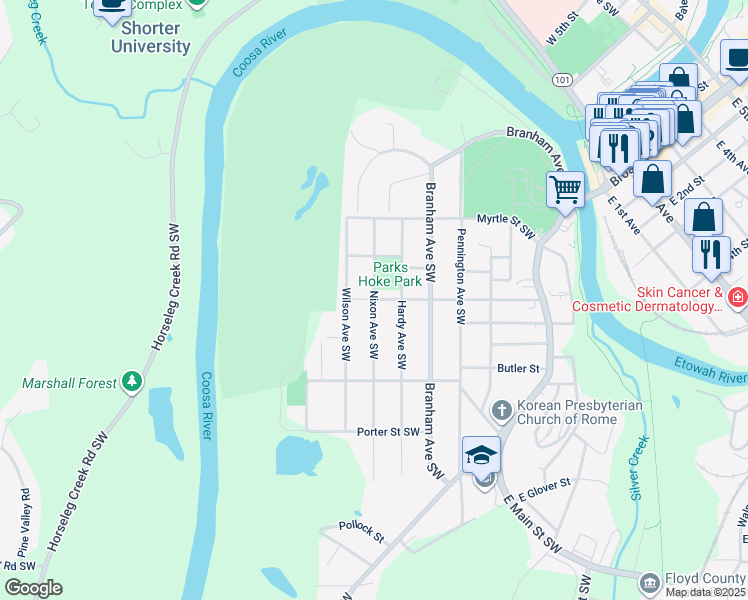 map of restaurants, bars, coffee shops, grocery stores, and more near 301 Nixon Avenue Southwest in Rome