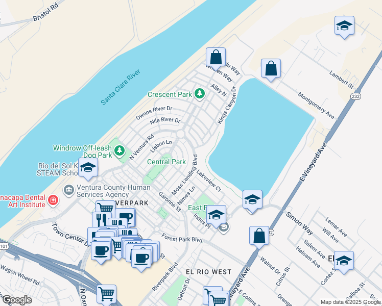 map of restaurants, bars, coffee shops, grocery stores, and more near 3245 Moss Landing Boulevard in Oxnard