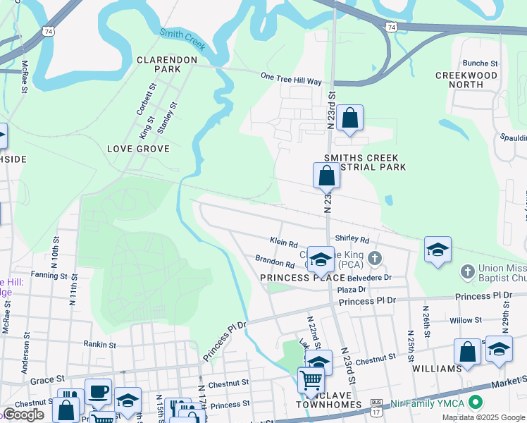 map of restaurants, bars, coffee shops, grocery stores, and more near 2121 Shirley Road in Wilmington