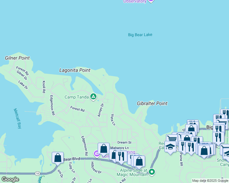 map of restaurants, bars, coffee shops, grocery stores, and more near 40116 Lakeview Drive in Big Bear Lake