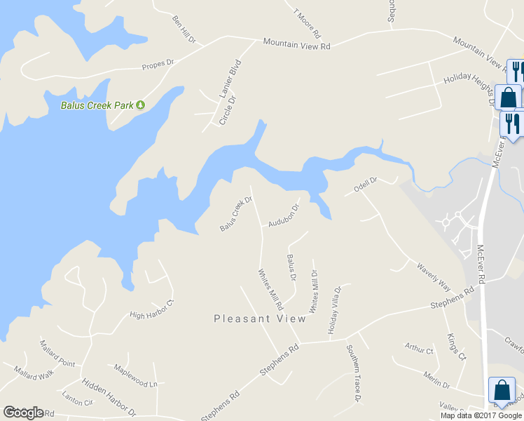 map of restaurants, bars, coffee shops, grocery stores, and more near 5114 Whites Mill Road in Gainesville