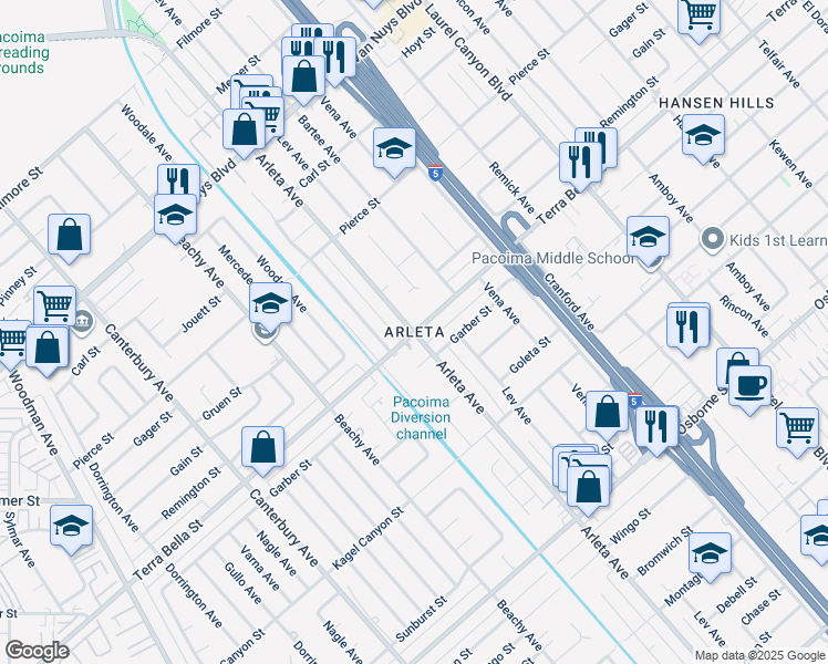 map of restaurants, bars, coffee shops, grocery stores, and more near 8961 Woodale Avenue in Los Angeles