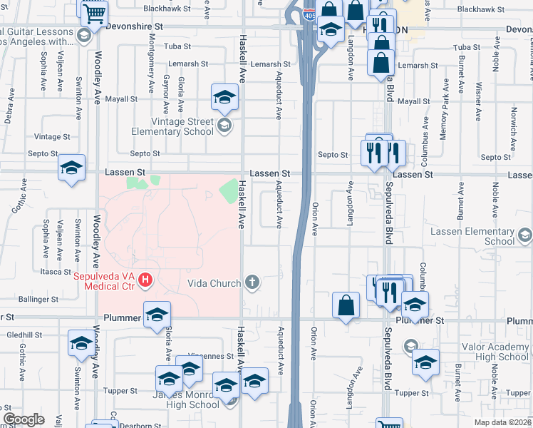 map of restaurants, bars, coffee shops, grocery stores, and more near 9760 Danube Avenue in Los Angeles