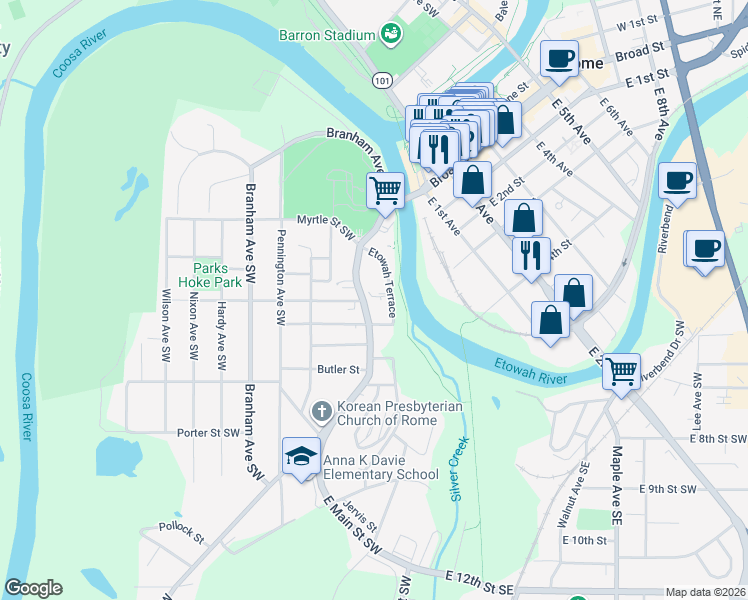 map of restaurants, bars, coffee shops, grocery stores, and more near 225 South Broad Street in Rome