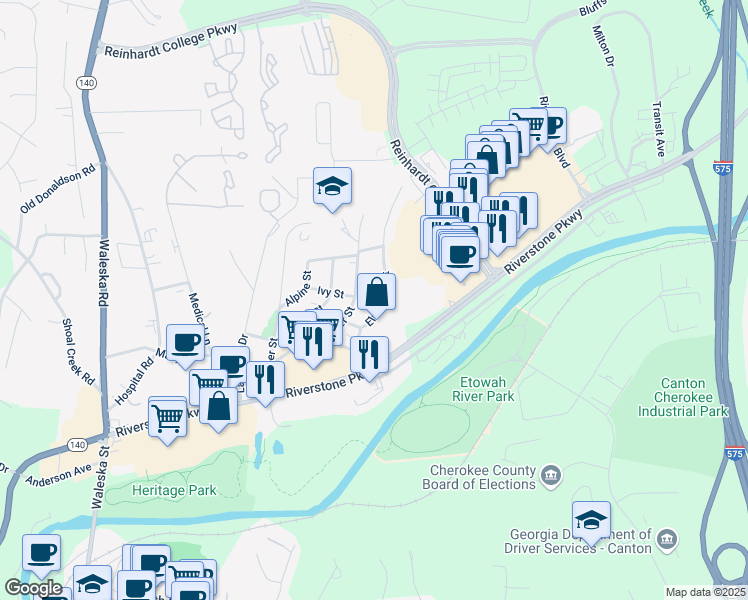 map of restaurants, bars, coffee shops, grocery stores, and more near 438 Center Street in Canton