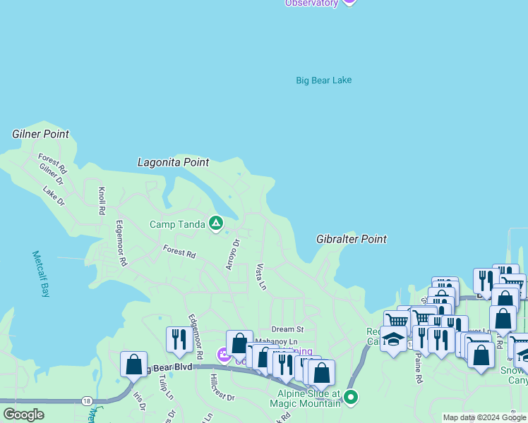 map of restaurants, bars, coffee shops, grocery stores, and more near 40116 Lakeview Drive in Big Bear Lake