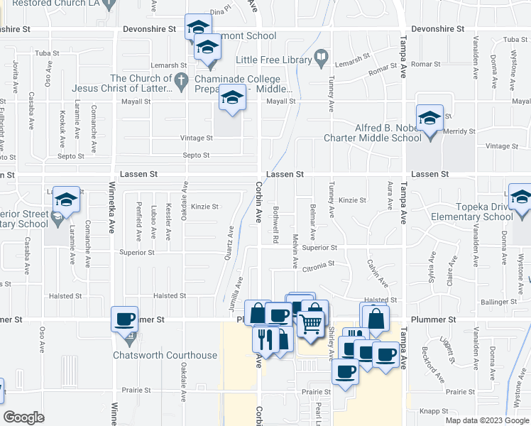 map of restaurants, bars, coffee shops, grocery stores, and more near 19651 Marilla Street in Los Angeles