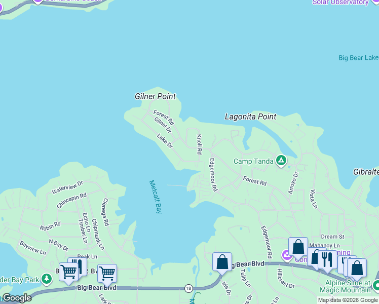 map of restaurants, bars, coffee shops, grocery stores, and more near 39643 Forest Road in Big Bear Lake