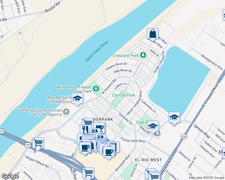 map of restaurants, bars, coffee shops, grocery stores, and more near 3139 Lisbon Lane in Oxnard