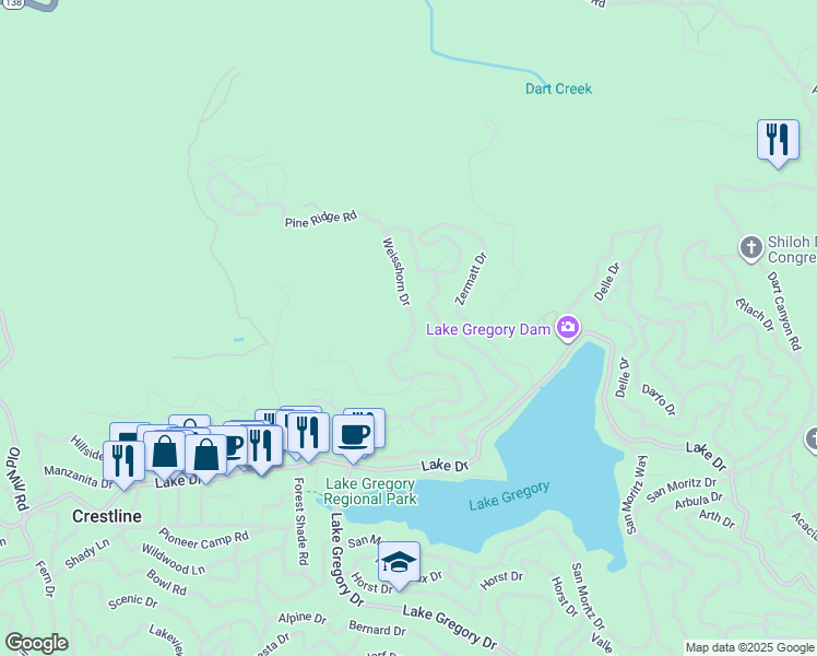 map of restaurants, bars, coffee shops, grocery stores, and more near 300 Wylerhorn Drive in Crestline