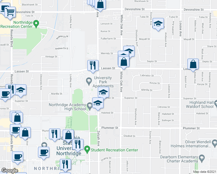 map of restaurants, bars, coffee shops, grocery stores, and more near 17806 Kinzie Street in Los Angeles