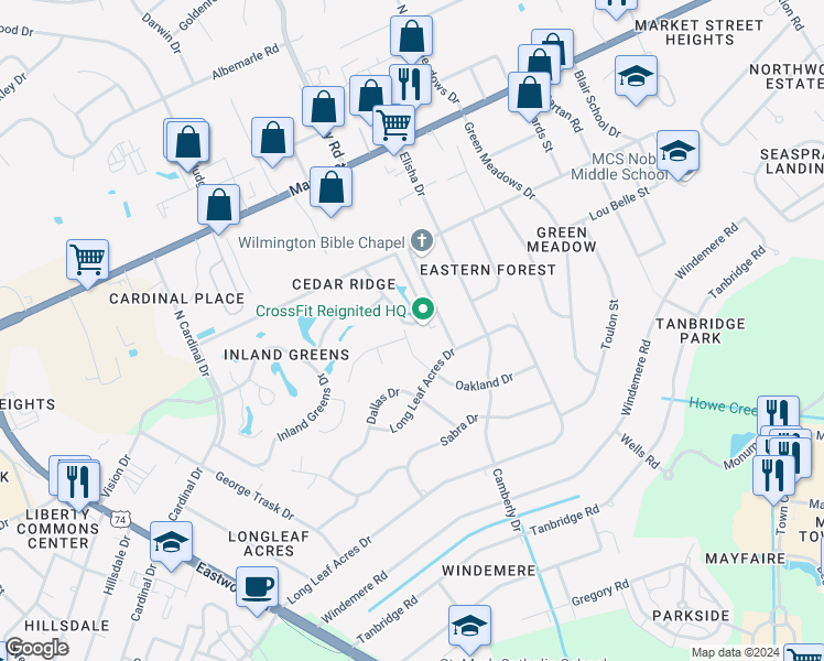 map of restaurants, bars, coffee shops, grocery stores, and more near 220 Birdie Lane in Wilmington