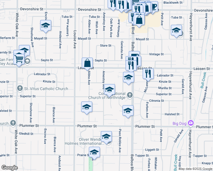 map of restaurants, bars, coffee shops, grocery stores, and more near 9750 Amestoy Avenue in Los Angeles
