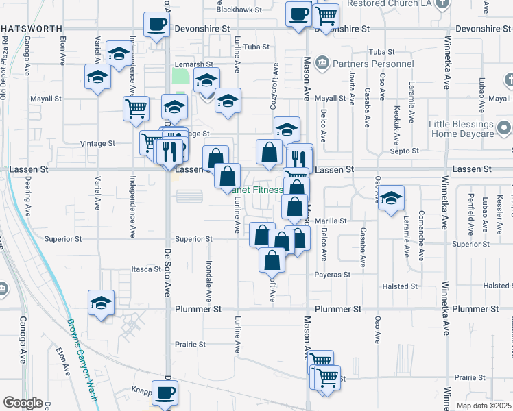 map of restaurants, bars, coffee shops, grocery stores, and more near 20652 Lassen Street in Los Angeles