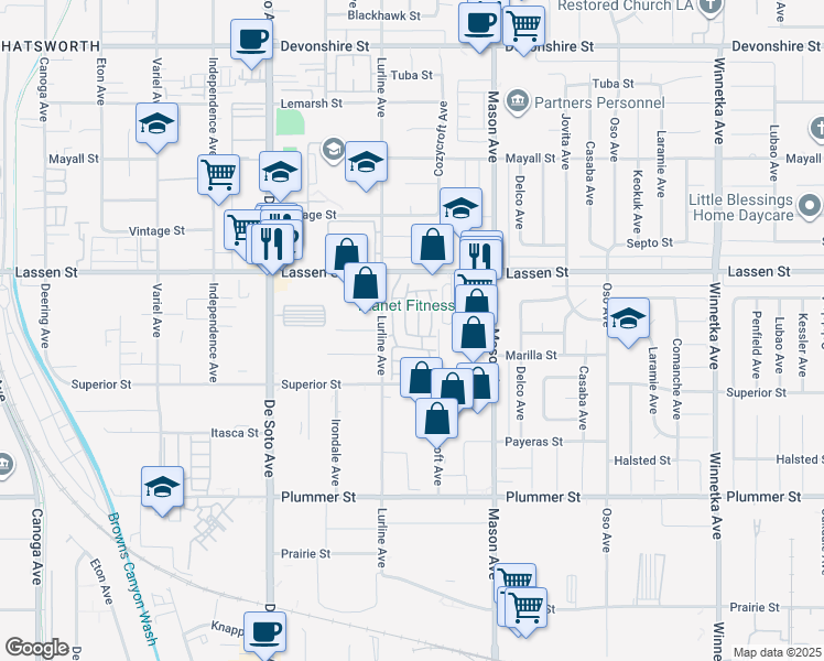 map of restaurants, bars, coffee shops, grocery stores, and more near 20652 Lassen Street in Los Angeles