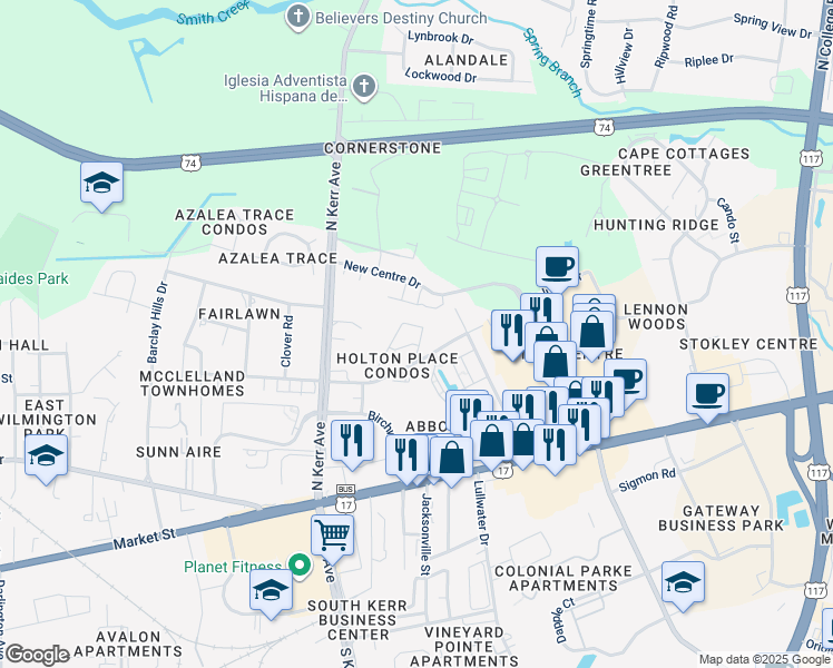 map of restaurants, bars, coffee shops, grocery stores, and more near 4627 McClelland Drive in Wilmington