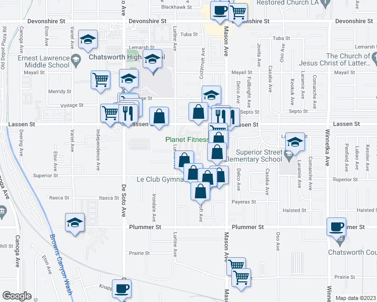 map of restaurants, bars, coffee shops, grocery stores, and more near 20652 Lassen Street in Los Angeles
