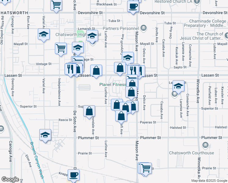 map of restaurants, bars, coffee shops, grocery stores, and more near 20652 Lassen Street in Los Angeles