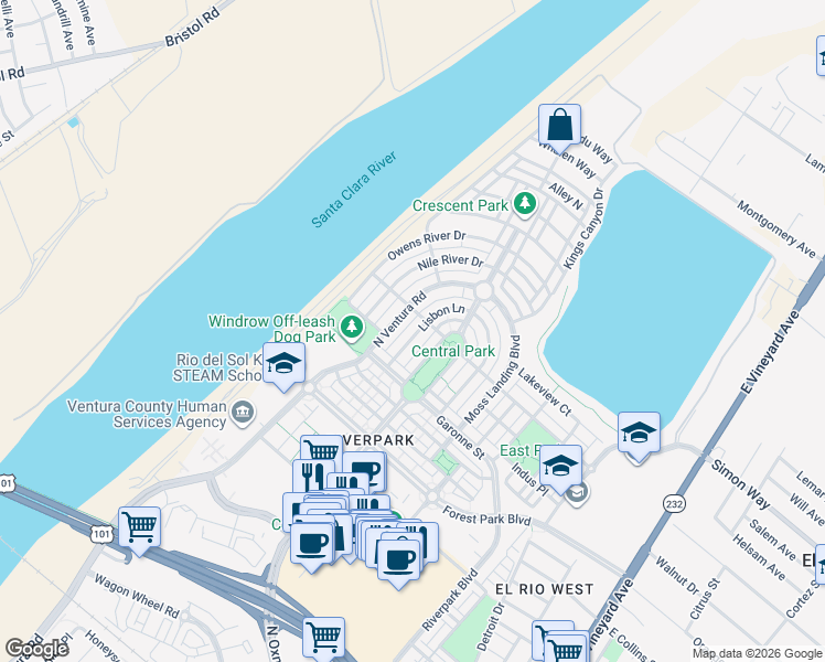 map of restaurants, bars, coffee shops, grocery stores, and more near 3139 Lisbon Lane in Oxnard