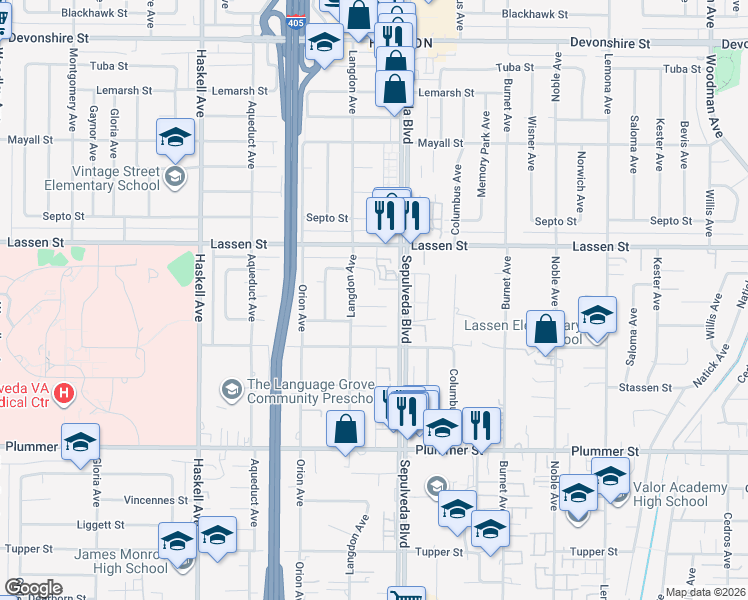 map of restaurants, bars, coffee shops, grocery stores, and more near 15433 Kinzie Street in Los Angeles