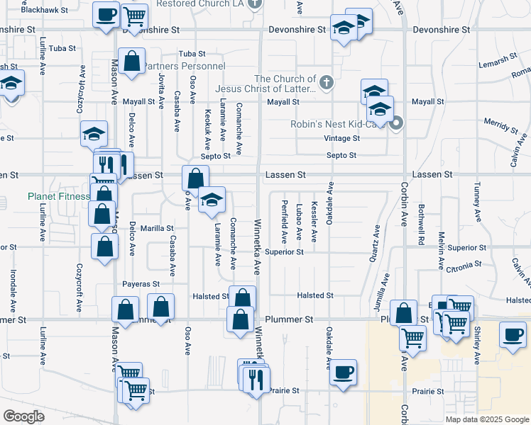 map of restaurants, bars, coffee shops, grocery stores, and more near 9801 Quakertown Avenue in Los Angeles