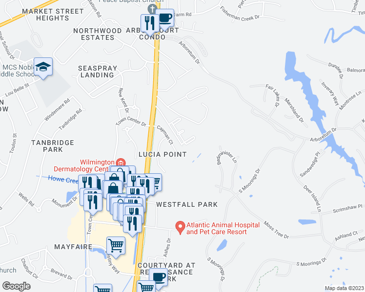 map of restaurants, bars, coffee shops, grocery stores, and more near 1398 Old Maccumber Station Road in Wilmington