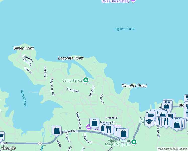 map of restaurants, bars, coffee shops, grocery stores, and more near 256 Lagunita Lane in Big Bear Lake