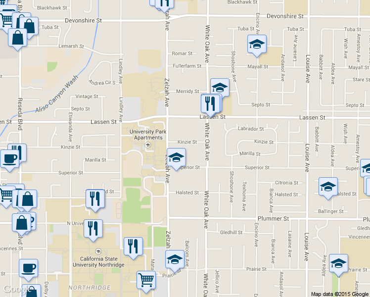 map of restaurants, bars, coffee shops, grocery stores, and more near 17816 Kinzie Street in Los Angeles