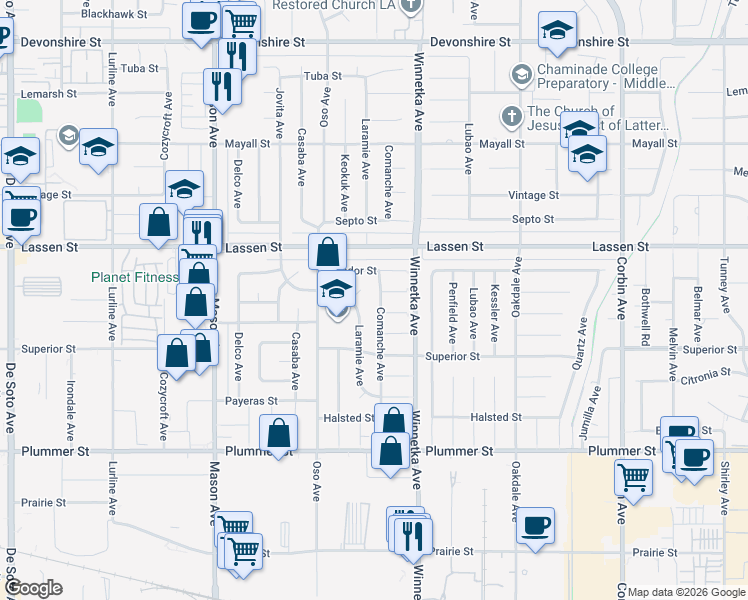 map of restaurants, bars, coffee shops, grocery stores, and more near 9758 Laramie Avenue in Los Angeles